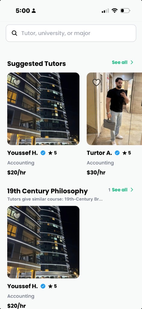 Tutornet Discover screen showing suggested tutors with verified badges and hourly rates
