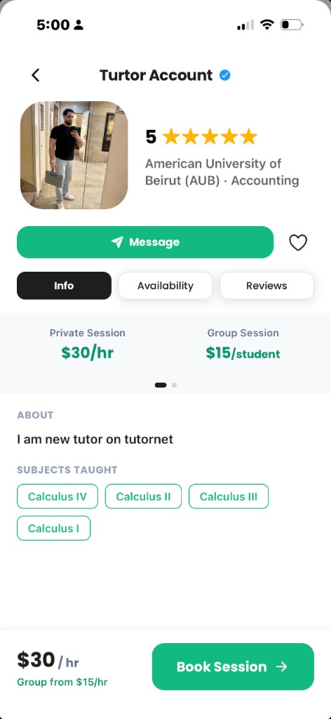 Tutor profile with verified badge, Message button, and Book Session