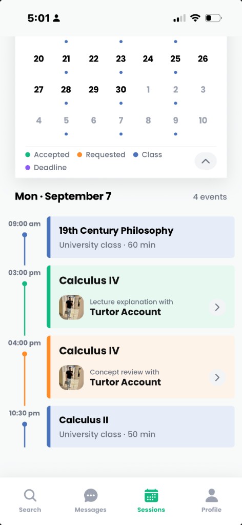 Sessions calendar with accepted, requested, class, and deadline events