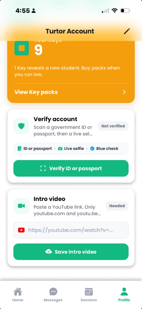 Tutor profile Verify account card with Verify ID or passport button, status Not verified