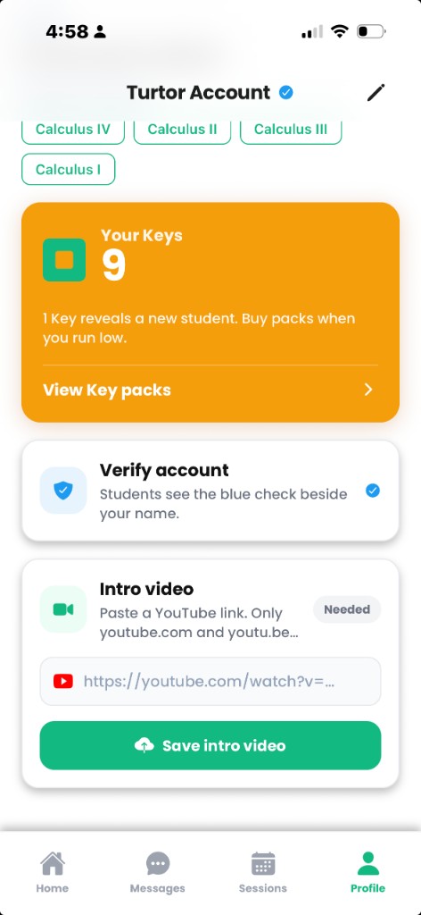 Tutor profile after verification, showing the blue check students see beside the name