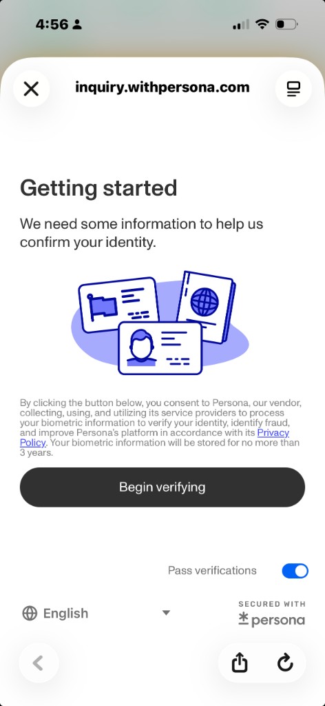 Persona Getting started screen opened from Tutornet for government ID and selfie verification
